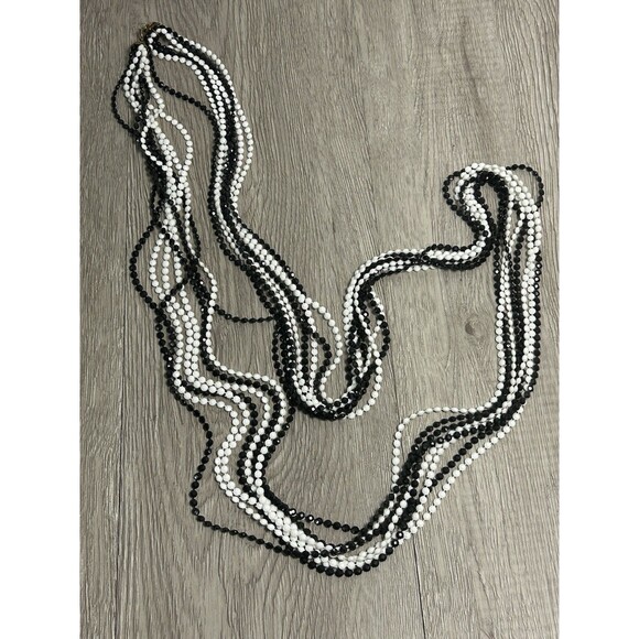 VTG LONG Multi Strand Faceted Glass Necklace Beaded Black White Gold Tone Link - Picture 2 of 8